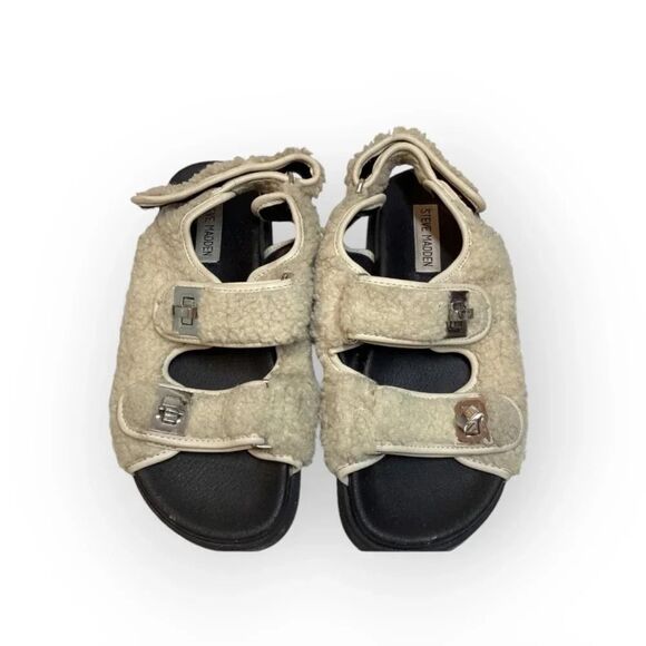 Steve Madden Margie shearling‎ faux fur Sandals natural cream color - Picture 1 of 11